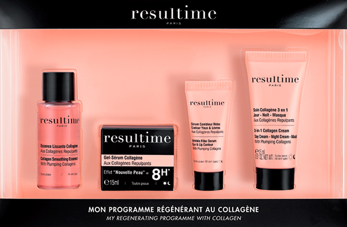 Photo du programme régénérant au collagène Resultime avec l'Essence Lissante, le Gel-Sérum Collagène, le Sérum Combleur Rides et le Soin Collagène 3 en 1.